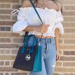 Michael Kors Mercer Blue Lagoon & Brown Crossbody Bag Purse
